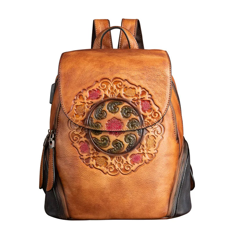 Backpack Retro Genuine Leather For Ladies New Handmade Embossed