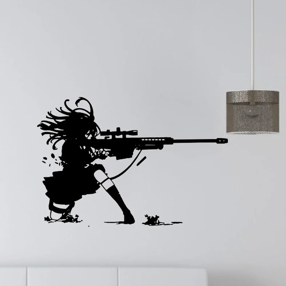 Anime Manga Girl Sniper Rifle Shooting Wall Sticker v