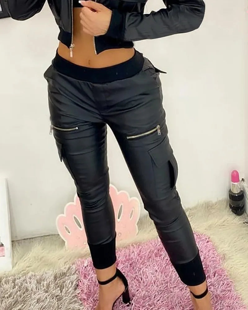Pu Leather Zipper Pocket Design Skinny Pants