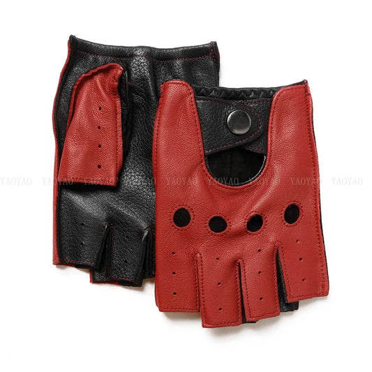 Pure Real Leather Half Finger Thin Gloves