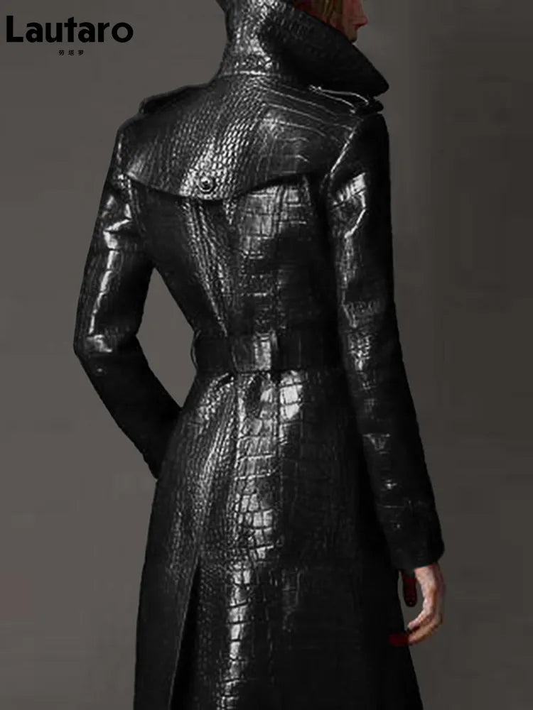 Pu Leather Trench Coat for Women Belt Double Breasted