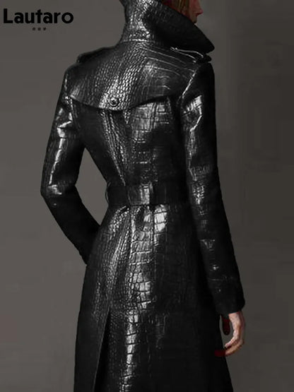 Pu Leather Trench Coat for Women Belt Double Breasted