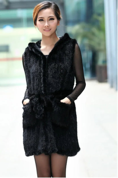 New Genuine knitted mink fur vest hooded