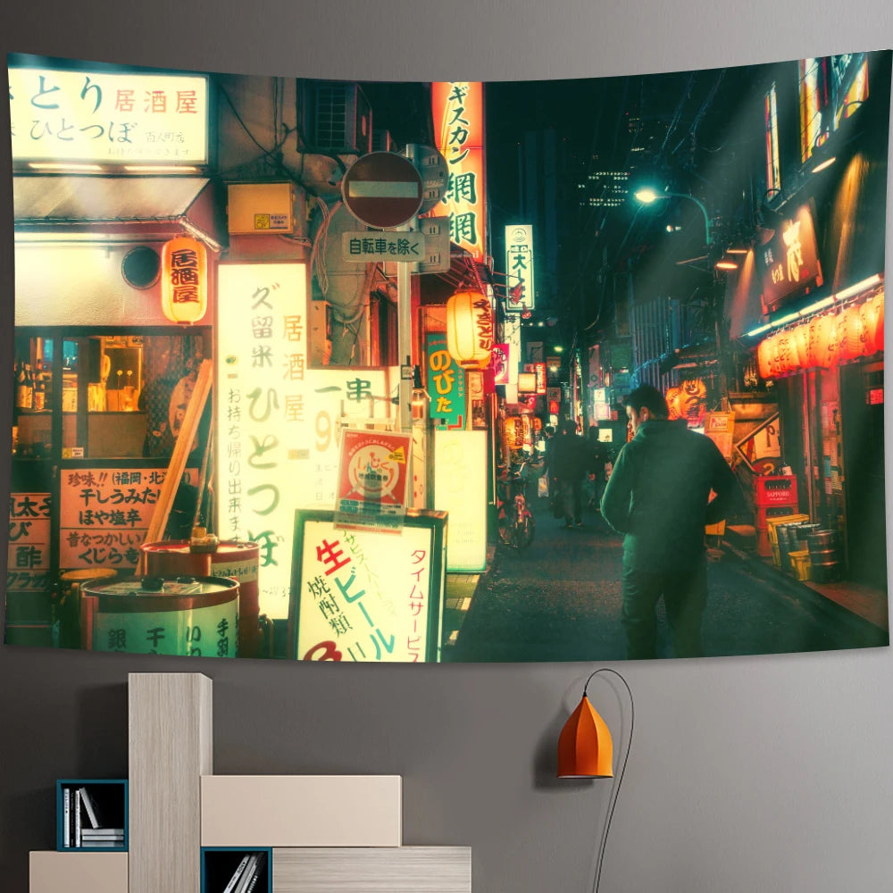 Tokyo Metropolitan nightlife tapestry Japanese wall