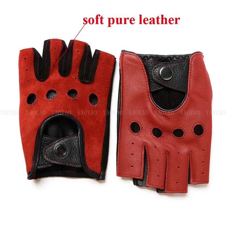 Pure Real Leather Half Finger Thin Gloves