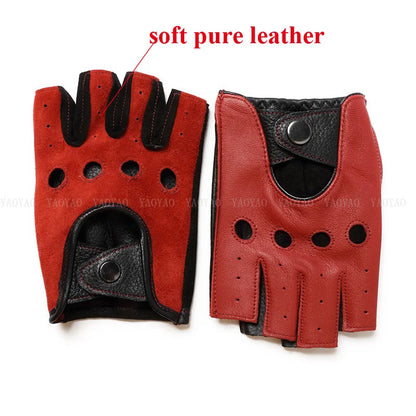 Pure Real Leather Half Finger Thin Gloves