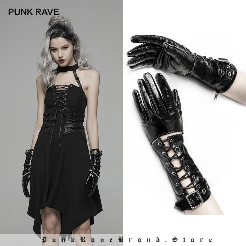 PUNK RAVE Rivet Half-Palm Leather Gloves for Women