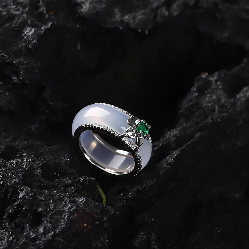 Silver Natural  White Jade Band Ring Classic
