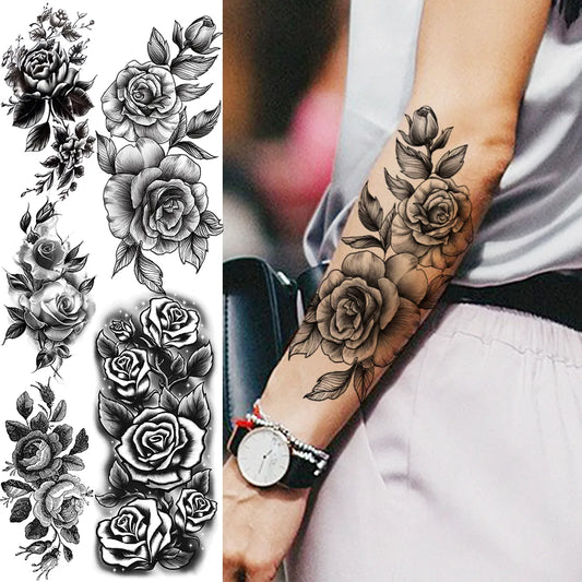 Black Realistic Rose Flower Temporary Tattoos