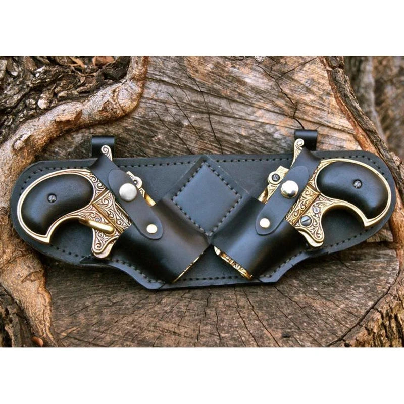 Steampunk Gothic Dual Pistol Holster Leather Double Derringer Holder Bag Western Cowboy Larp Kit Mini Gun Belt Slider For Pirate