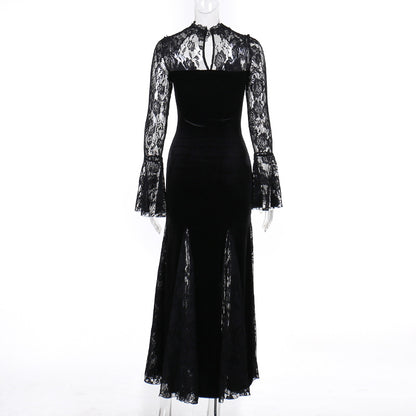Vintage Lace Flare Gothic Midi Dress for Women