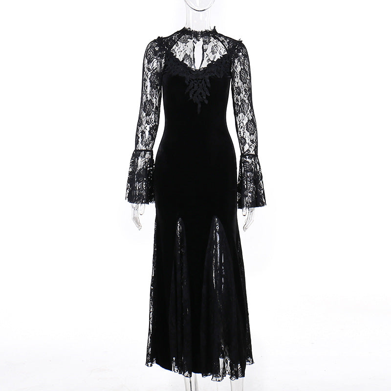 Vintage Lace Flare Gothic Midi Dress for Women