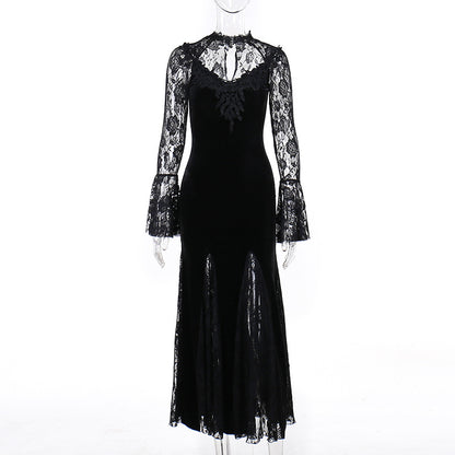 Vintage Lace Flare Gothic Midi Dress for Women