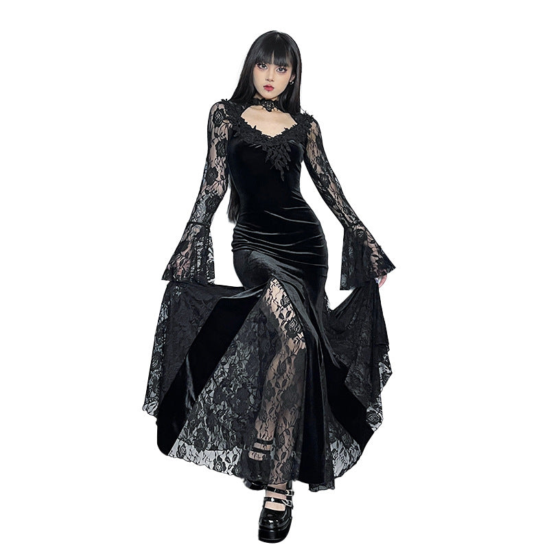 Vintage Lace Flare Gothic Midi Dress for Women