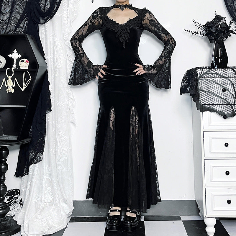 Vintage Lace Flare Gothic Midi Dress for Women