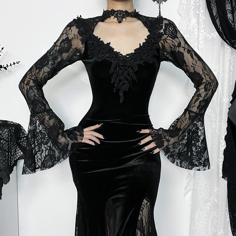 Vintage Lace Flare Gothic Midi Dress for Women