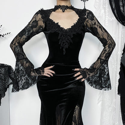 Vintage Lace Flare Gothic Midi Dress for Women