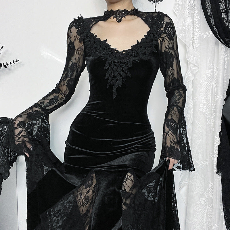 Vintage Lace Flare Gothic Midi Dress for Women