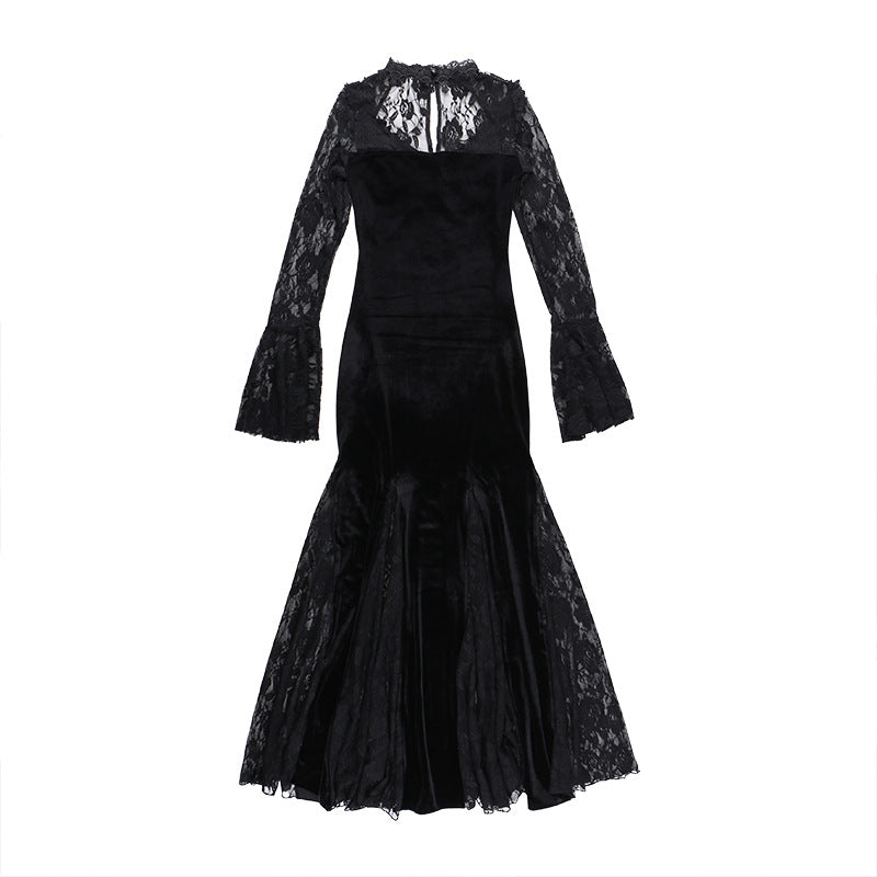 Vintage Lace Flare Gothic Midi Dress for Women