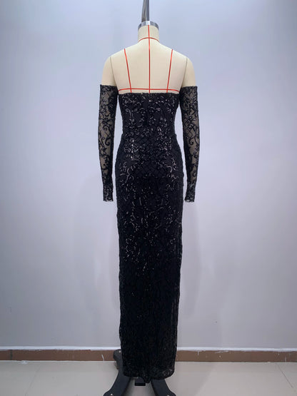 Elegant Black V-Neck Maxi Dress with Gloves & Sequins