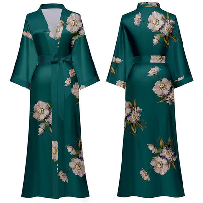Long Robe Kimono Bathrobe Gown Satin Home Dress