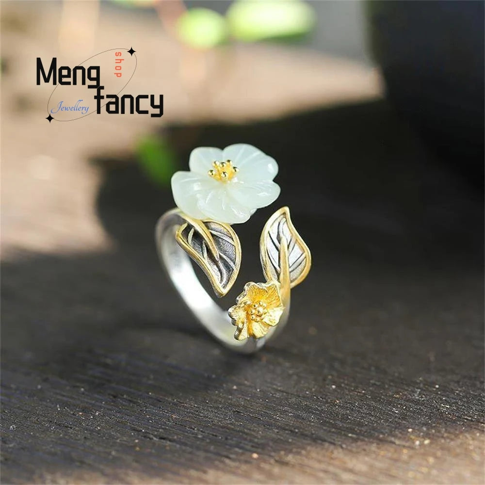 Natural White Hetian Jade Flower Ring 925 Silver Jewelry Eternity  Couple Luxury Promise Adjustable Rings Gift For Girlfriend