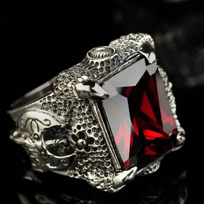 Silver Axe Dragon Claw Domineering Man Ring Inlaid With Garnet