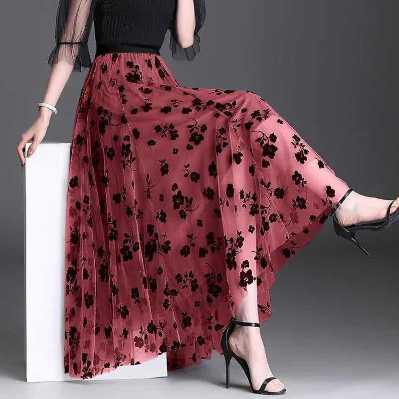 Flocking Floral Pirnted Long Mesh Skirt