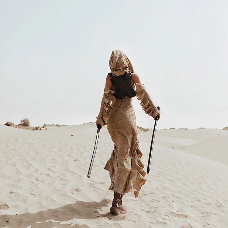Desert Chic: 2-Piece Hooded Dress & Oversleeves Set