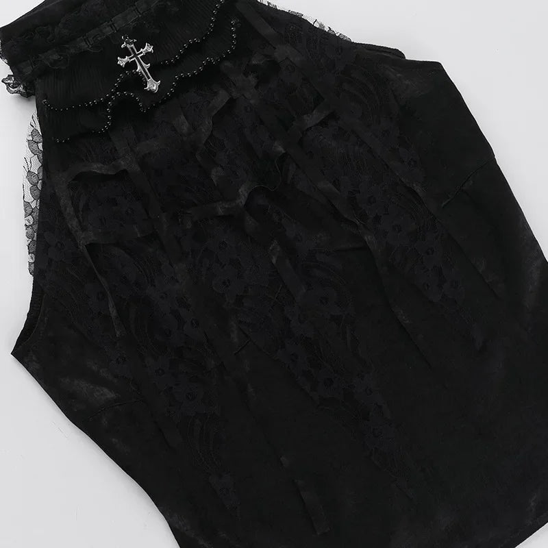 Nostalgic Lace Gothic Crop Tank for Retro Street Style