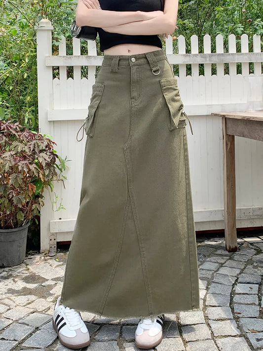 Cargo Denim High Waist Long Jeans Skirt