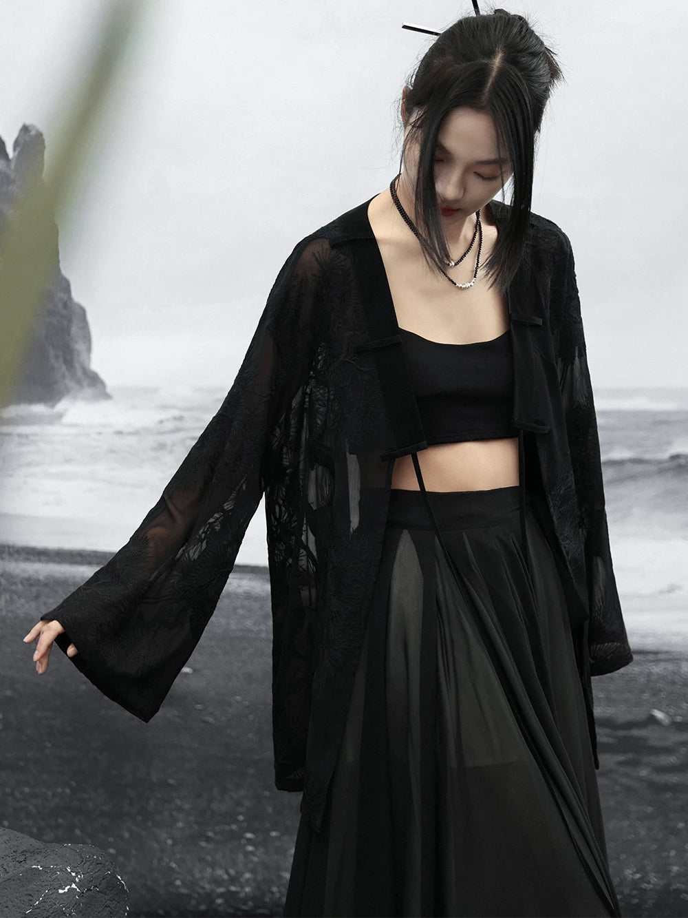 Summer Elegance: Crane Emblem Black Jacket for Women