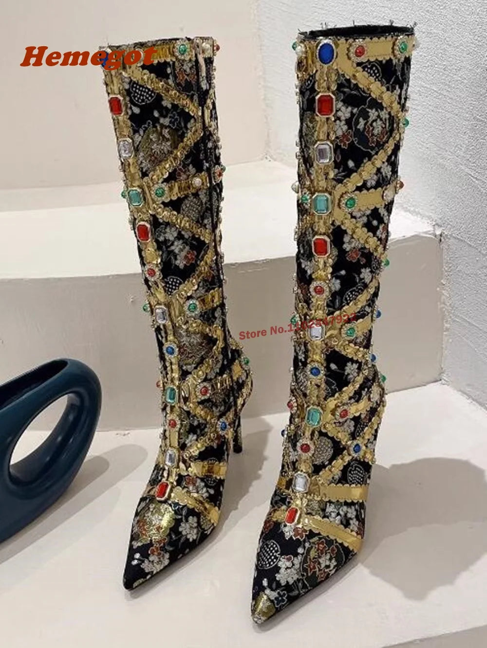 Pointed Toe Knee High Boots for Women Rhinestones Design Gold Bling Luxury Boots Thin High Heeled Fashion Sexy Side Zip Shoes