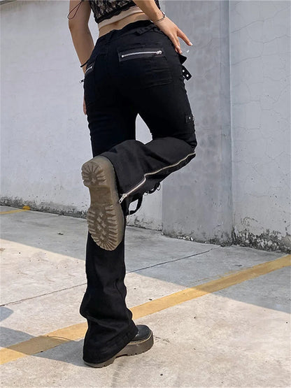 Punk Rivets Zipper Black Cargo Pants