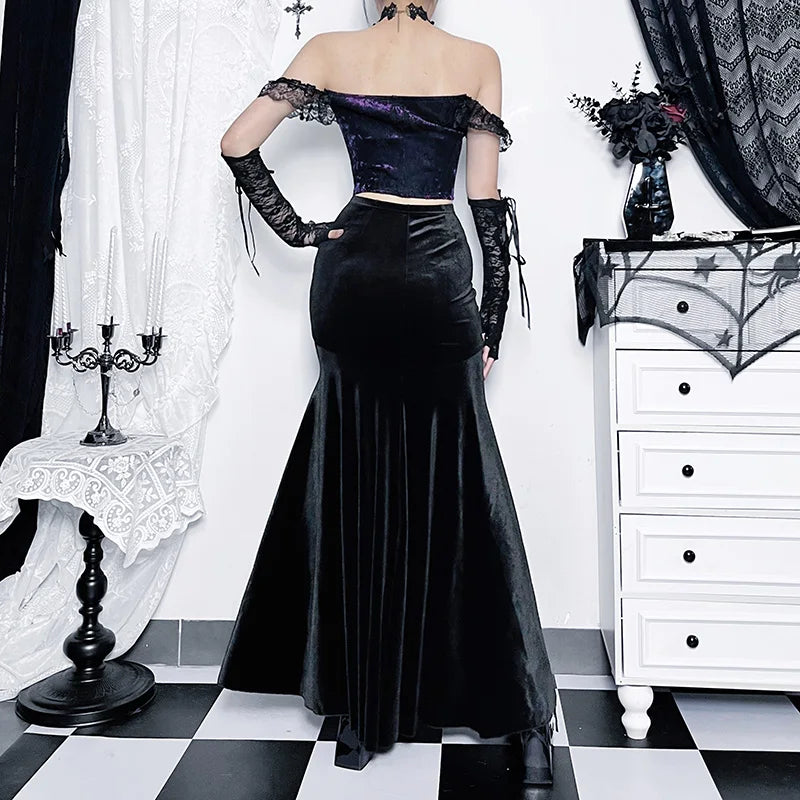 Goth Black Velvet Rose Long Mermaid Skirts