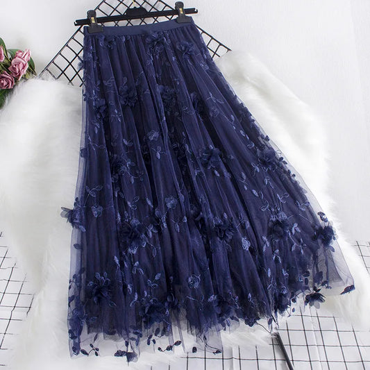 Three-dimensional Floral Decorated Long Mesh Skirts