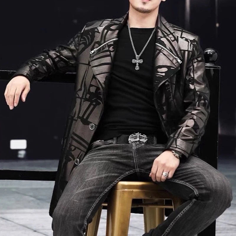 Genuine Leather Jacket Men Mid Length Suit
