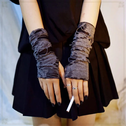 Black Broken Slit Gloves with Holes