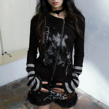 Grunge Graffiti Print Zipper T-shirt Vintage