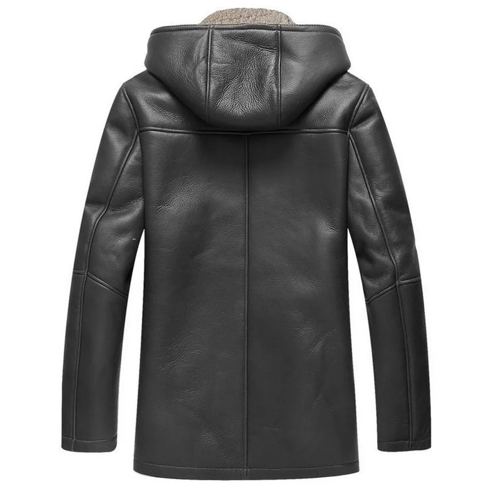 Genuine Leather Sheepskin Coats Thick Hooded