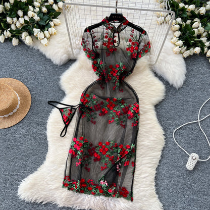 Floral Elegance: Chinese Style Mid-Calf Dress