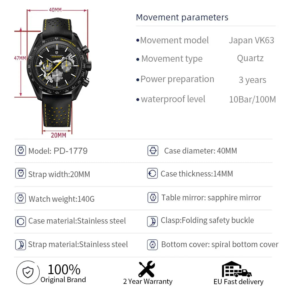 Pagani Moon Black Skeleton Quartz Chrono Watch