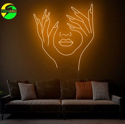 Holding Face - Girl Face Neon Lights Wall Decor