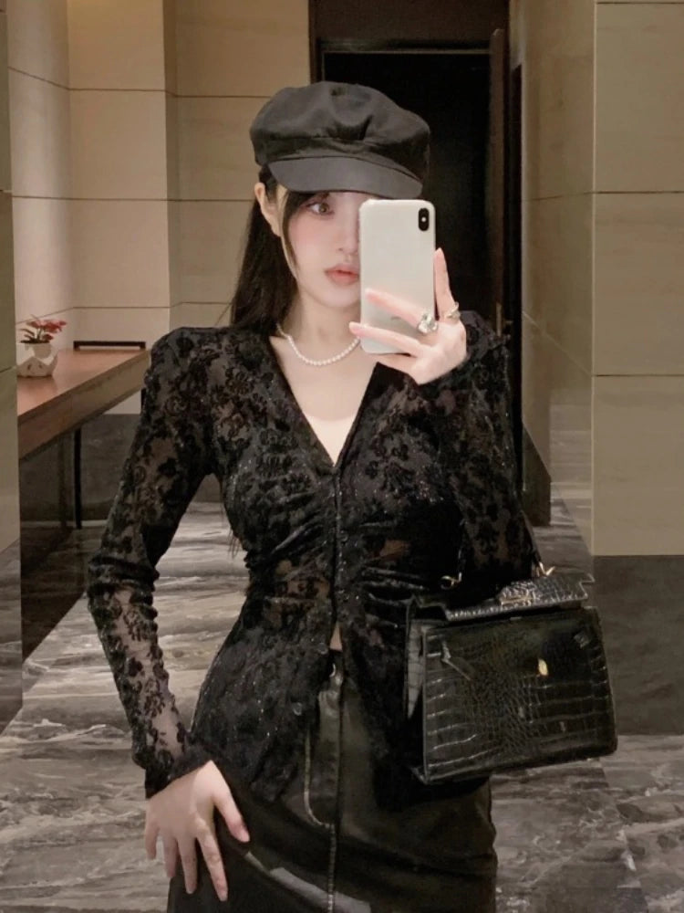 Casual Women Shirts Flocking Lace Bottoming