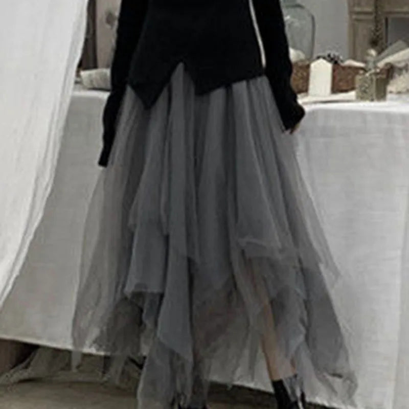 Black Gothic Tulle Midi Skirts