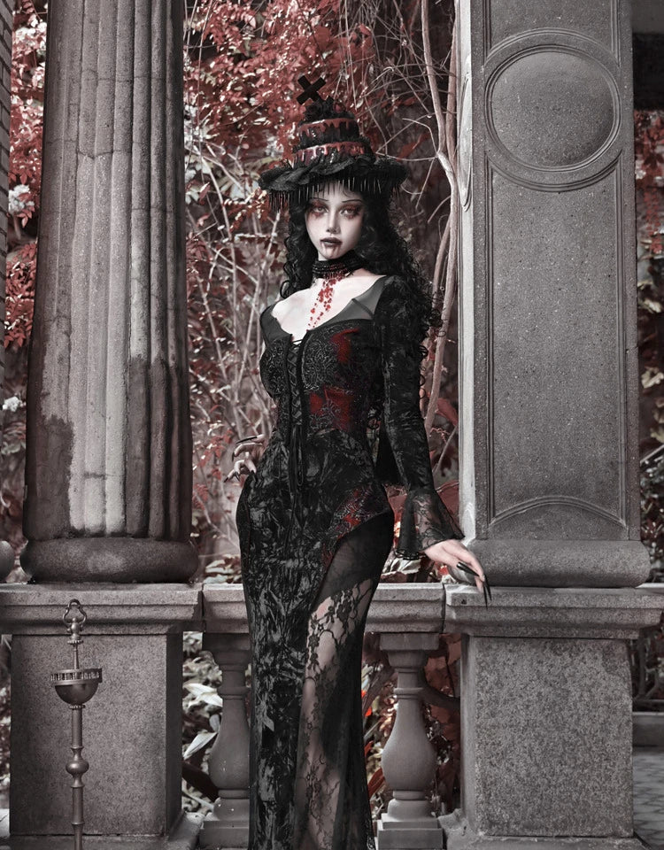 Gothic Velvet Slim Fit Lace Fishtail Dress for Women