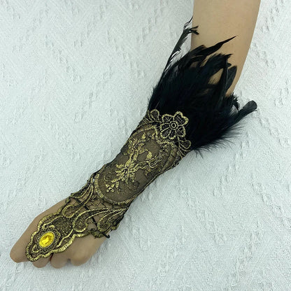 Natural Feather Gold Lace Long Gloves