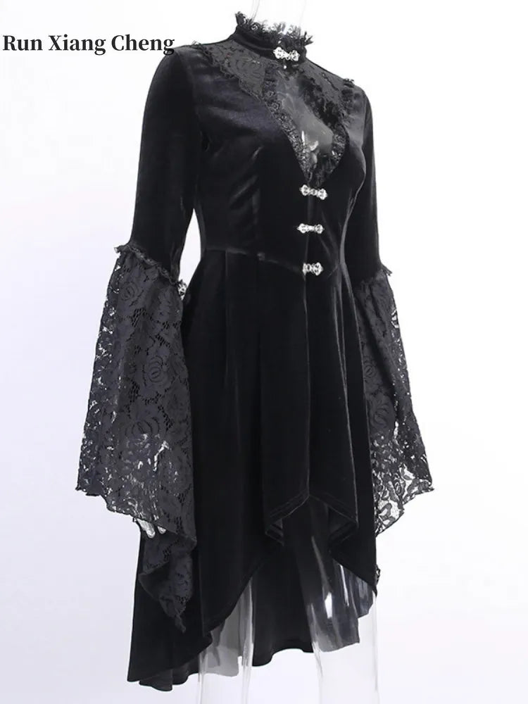 Gothic Black Lace Cutout Lantern Sleeve Stand Collar Exquisite Buttons