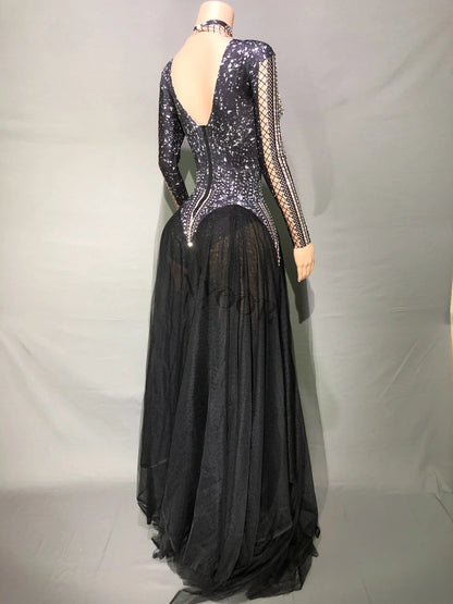 Sparkly Rhinestones Black Mesh Long Dress