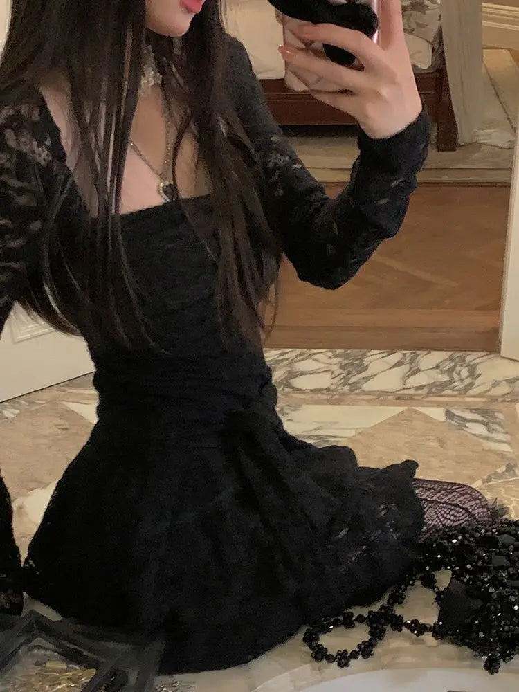 Lace-Inspired Slim-Waist Y2K Tunic Dress